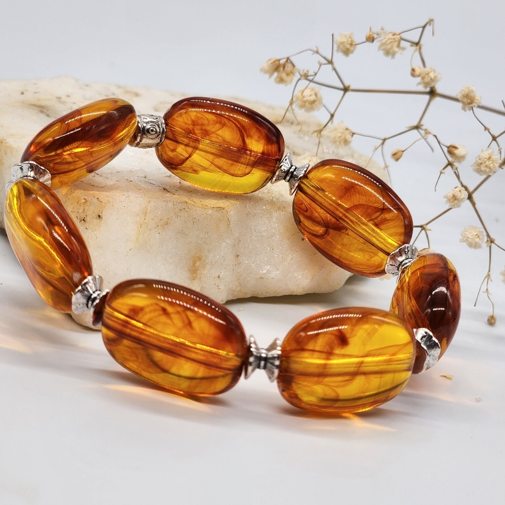 ❤️ Stretchy Beeswax Bracelet Resin Amber Honey Cognac color Silver Stone